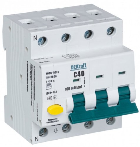 Автомат дифференциального тока АВДТ DEKraft ДИФ-103 4п (3п+N) 40А 100мА 6кА C тип AC картинка